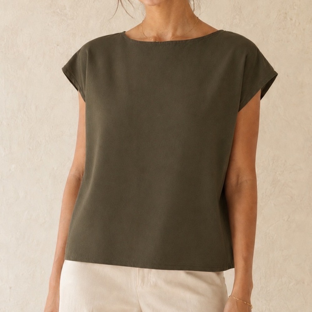 Splendid Collection Olive Green 100% Silk Boat Neck Cap Sleeve Blouse Top XS qq